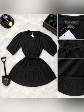 City Chic Black Textured Tie-Waist Tiered Mini Dress